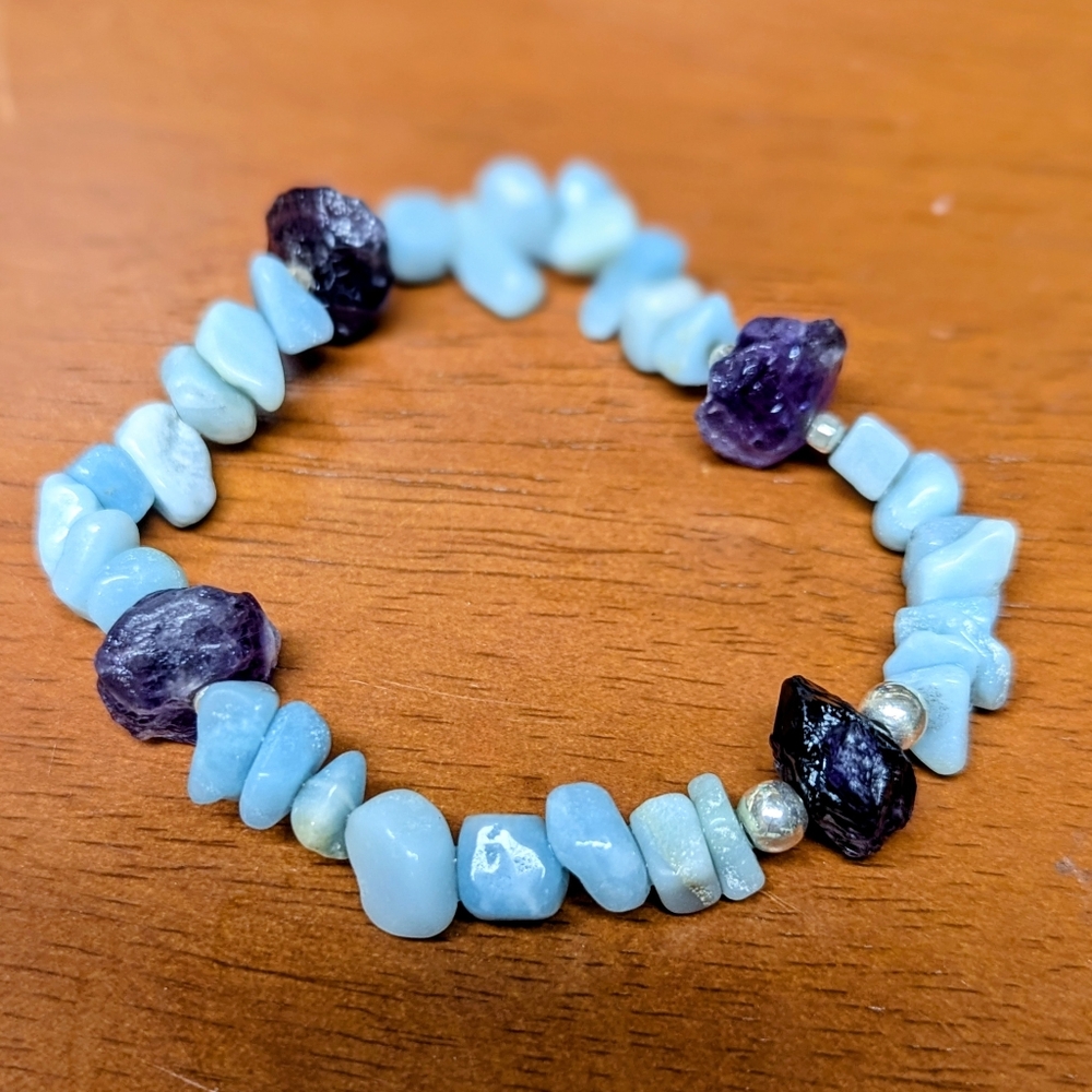 Rare Sleeping Beauty Turquoise Raw Amethyst Sterling Silver Stretch Bracelet